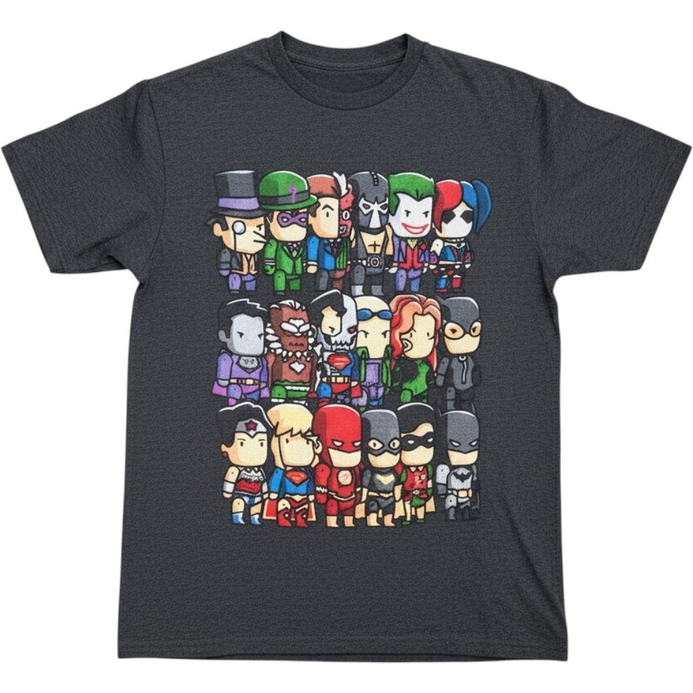 DC Comics graphic t-shirt Scribblenauts art style heroes villains Comicon Sz S